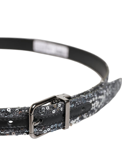 Dolce & Gabbana Black Sequins Silver Metal Logo Buckle Belt