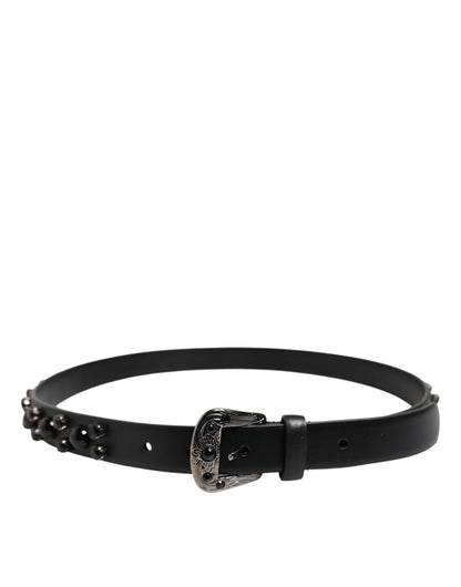 Dolce & Gabbana Black Studded Leather Metal Logo Buckle Belt