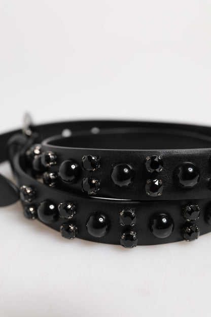 Dolce & Gabbana Black Studded Leather Metal Logo Buckle Belt