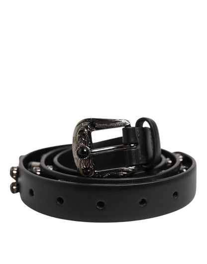 Dolce & Gabbana Black Studded Leather Metal Logo Buckle Belt