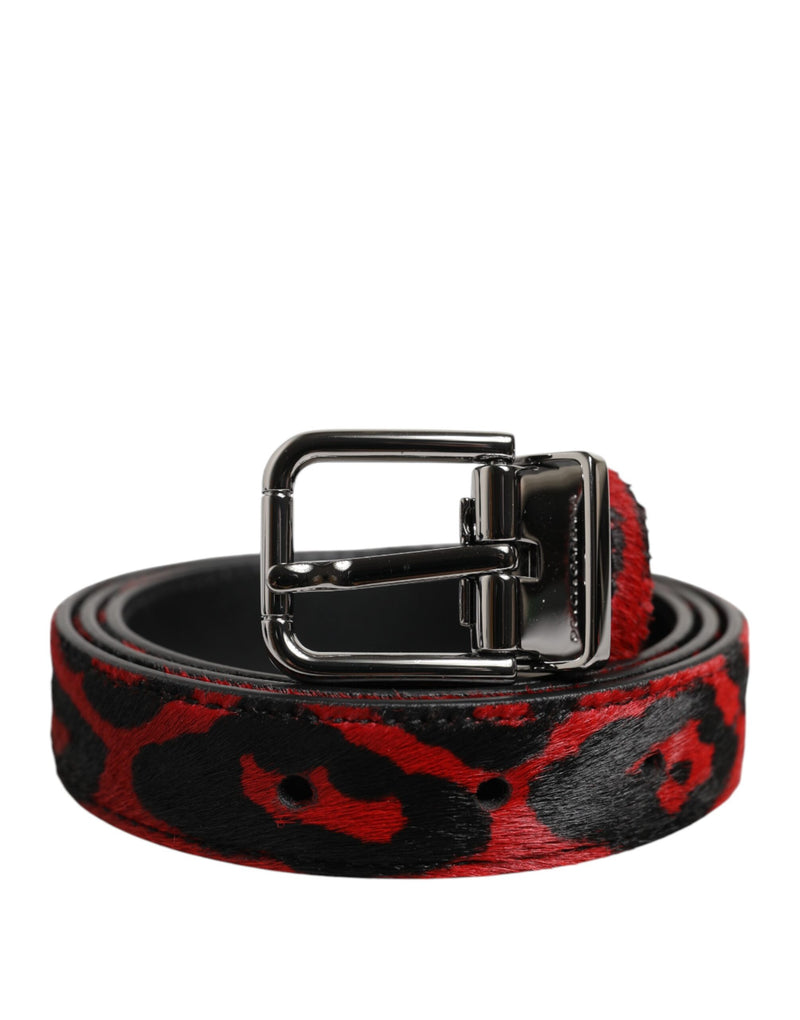 Ceinture Dolce &amp; Gabbana à boucle en métal argenté et motif léopard noir et rouge