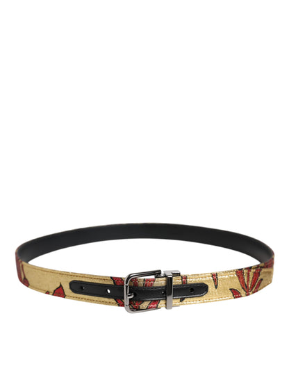 Dolce & Gabbana Gold Floral Jacquard Silver Metal Buckle Belt