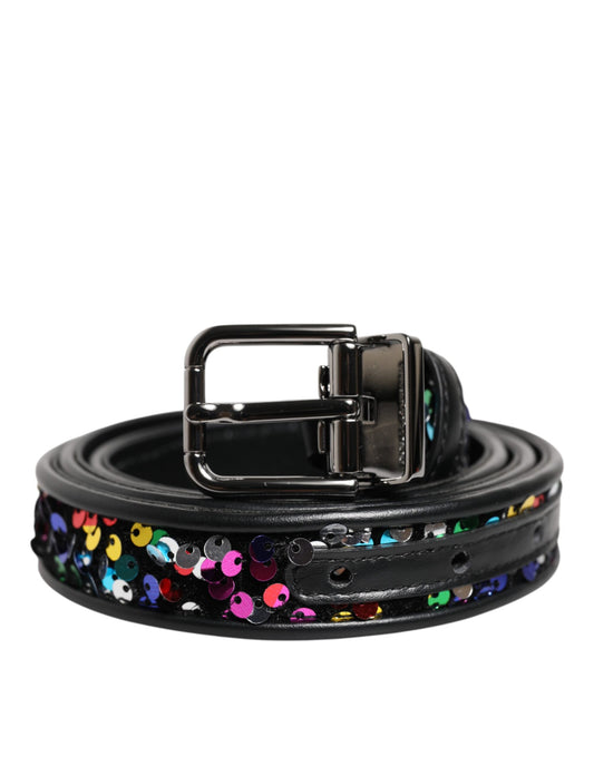 Dolce & Gabbana Black Sequin Embellished Metal Buckle Belt