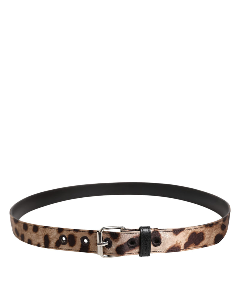 Dolce & Gabbana Ceinture en Cuir Léopard Marron avec Boucle Métallique Argentée