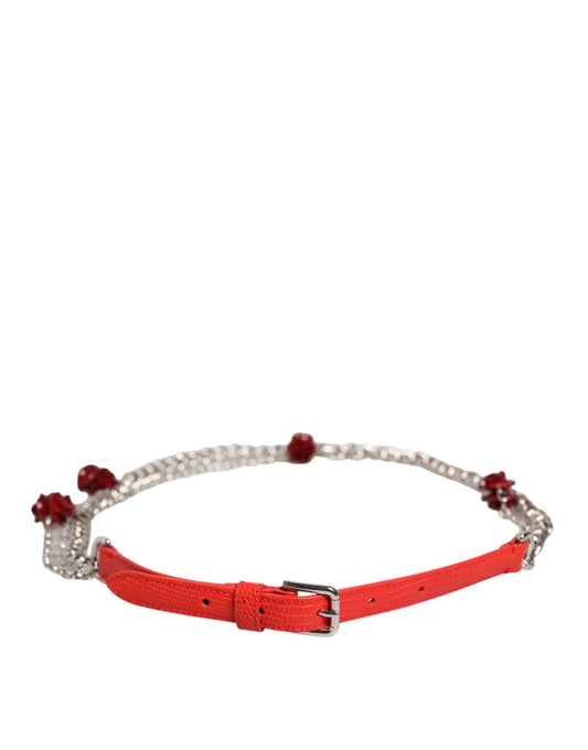 Ceinture Cintura florale en cuir rouge Dolce & Gabbana avec chaîne argentée