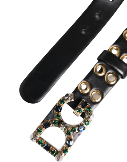 Dolce & Gabbana Black Leather Eyelet Crystal DG Buckle Belt