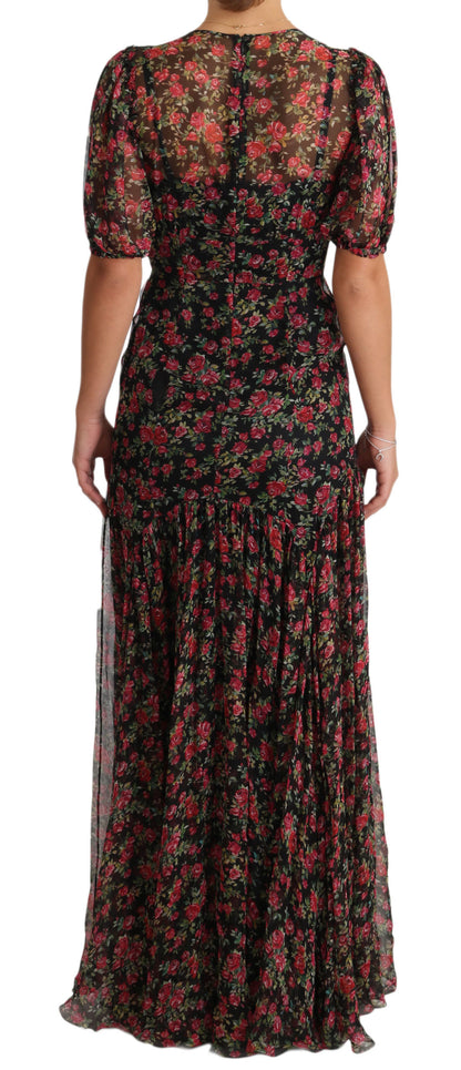 Robe chemise trapèze noire à motifs de roses de Dolce & Gabbana