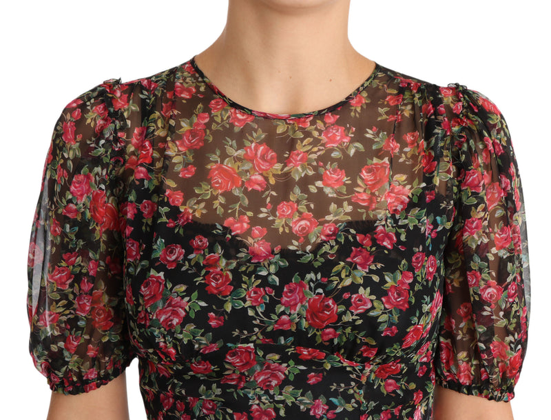 Robe chemise trapèze noire à motifs de roses de Dolce &amp; Gabbana