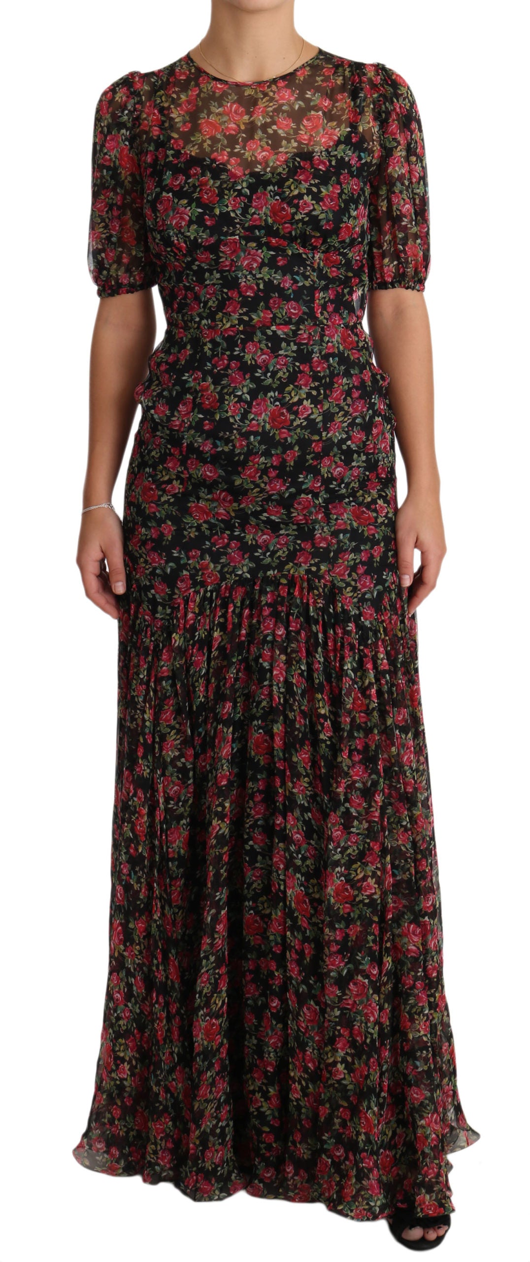Robe chemise trapèze noire à motifs de roses de Dolce & Gabbana
