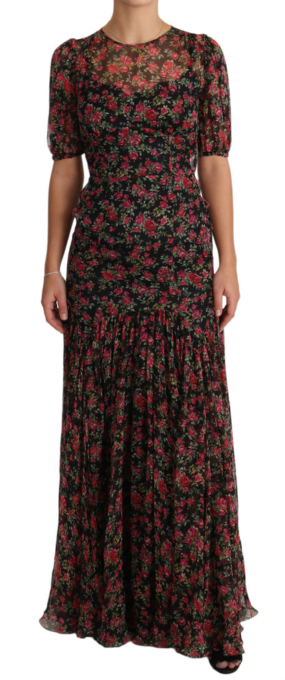 Robe chemise trapèze noire à motifs de roses de Dolce & Gabbana