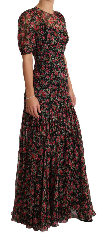 Robe chemise trapèze noire à motifs de roses de Dolce & Gabbana