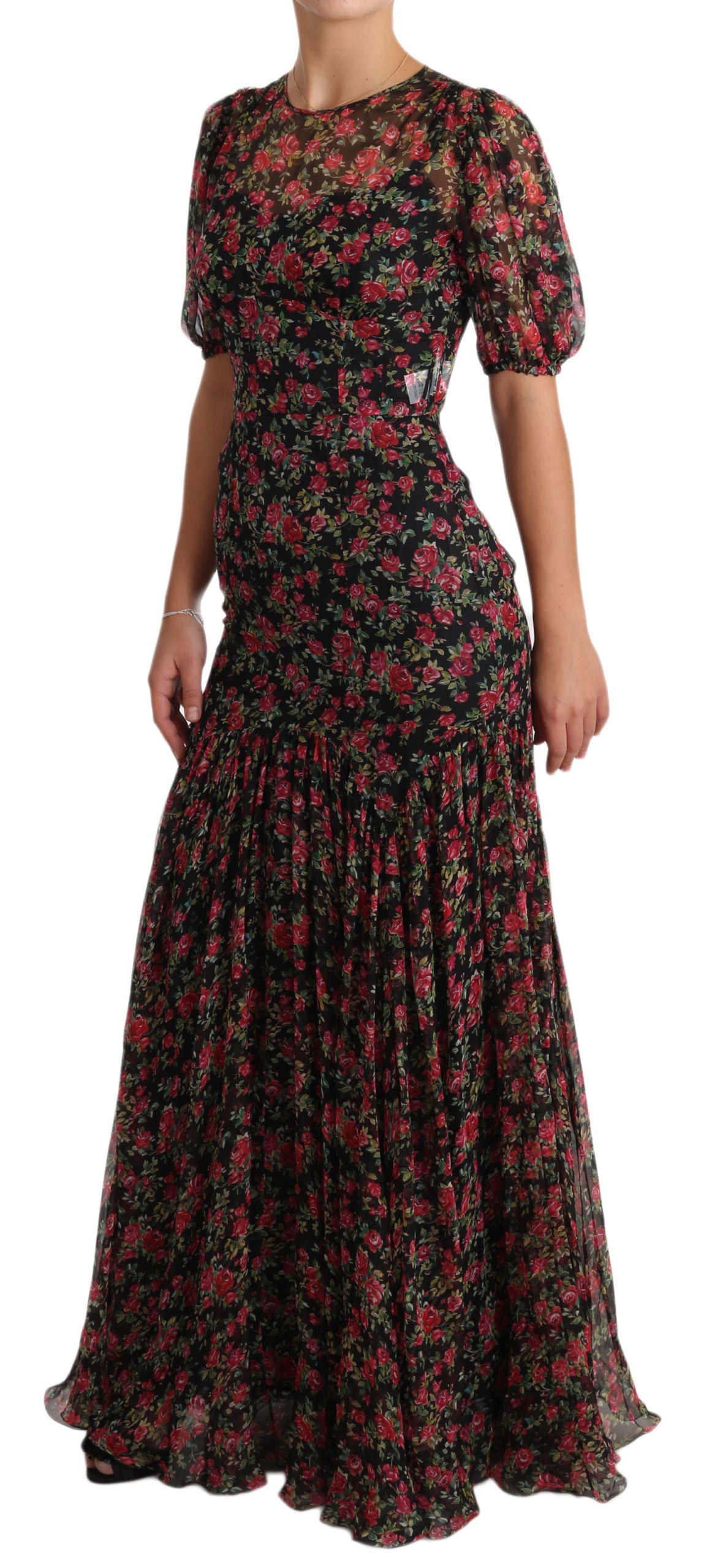 Robe chemise trapèze noire à motifs de roses de Dolce & Gabbana