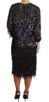 Robe midi trapèze à manches longues et paillettes noires de Dolce &amp; Gabbana