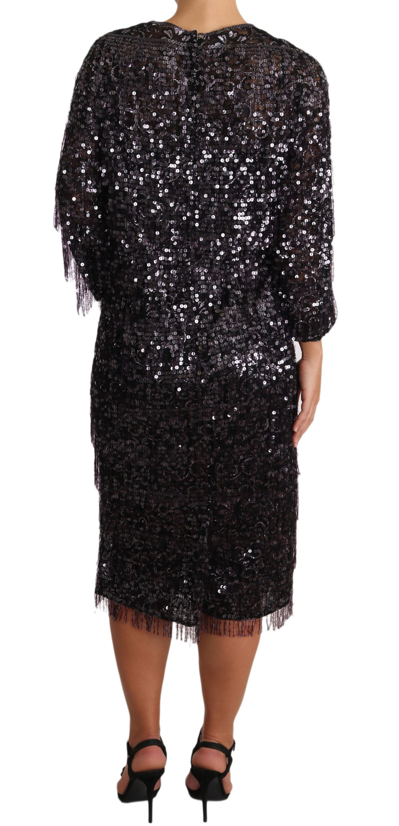 Robe midi trapèze à manches longues et paillettes noires de Dolce &amp; Gabbana