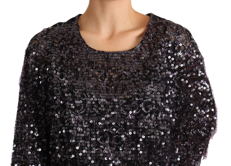 Robe midi trapèze à manches longues et paillettes noires de Dolce &amp; Gabbana