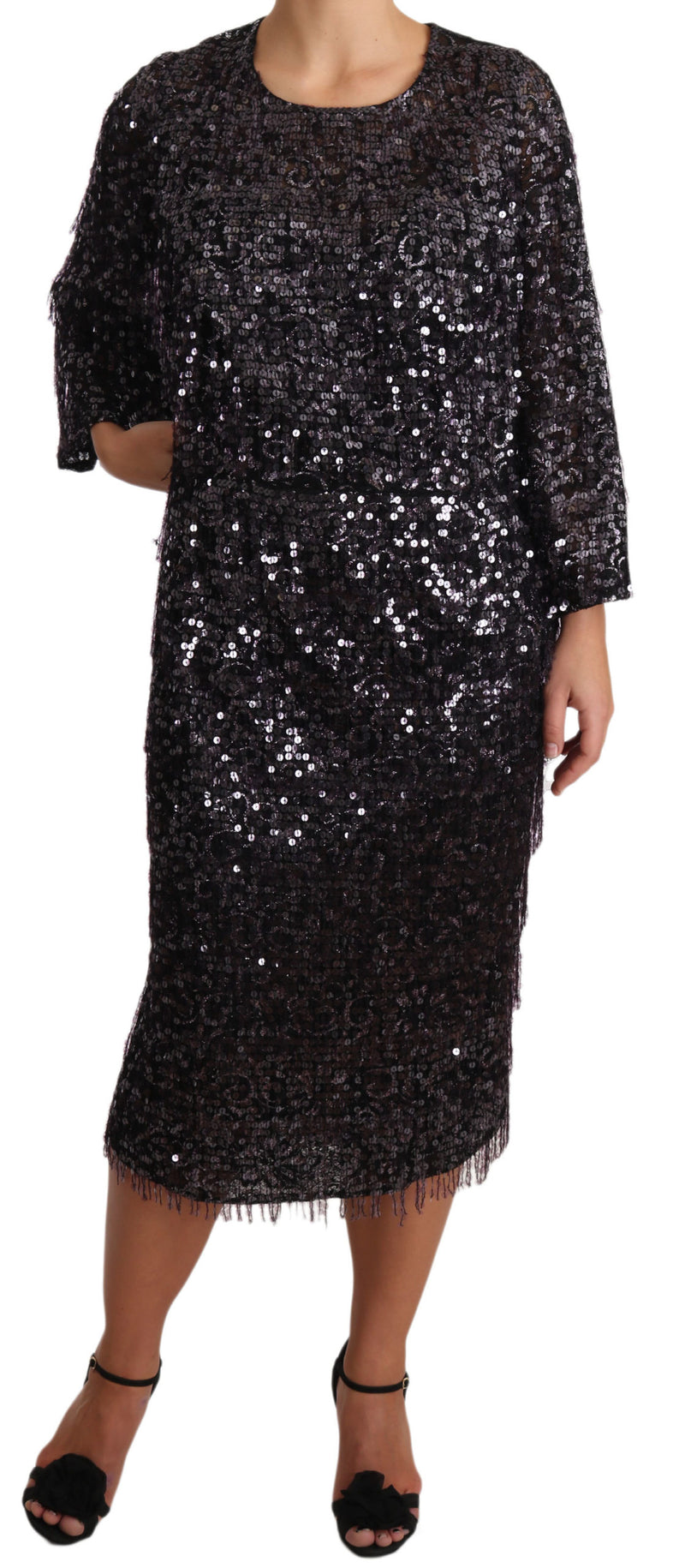 Robe midi trapèze à manches longues et paillettes noires de Dolce &amp; Gabbana