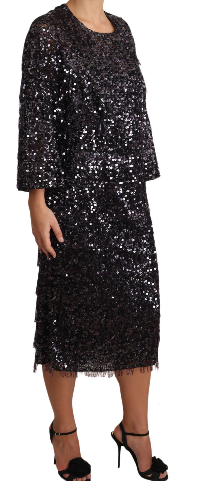 Robe midi trapèze à manches longues et paillettes noires de Dolce &amp; Gabbana