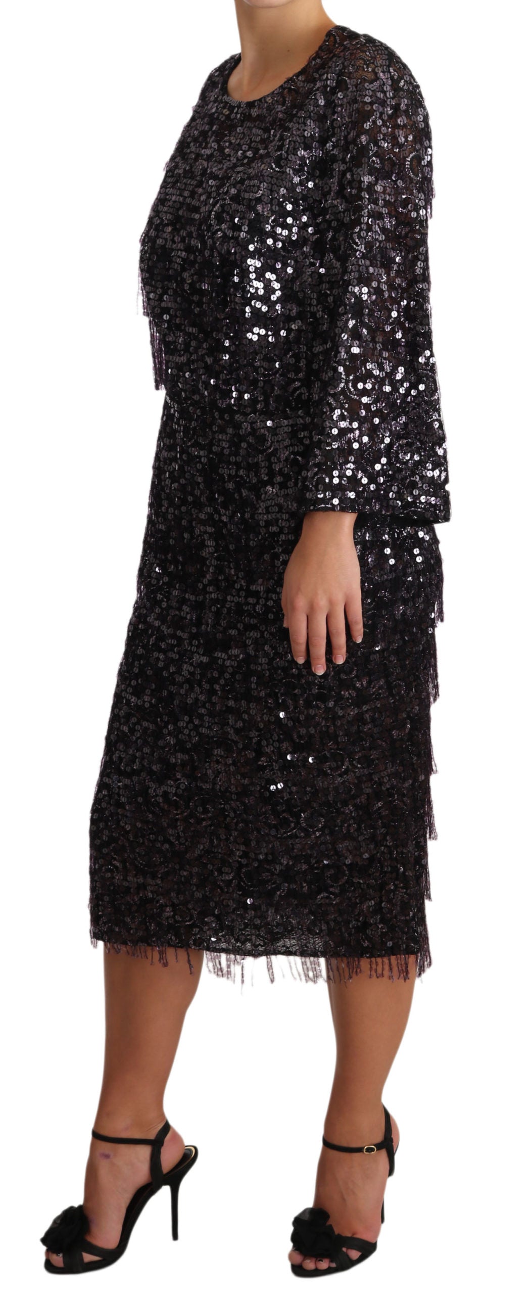 Robe midi trapèze à manches longues et paillettes noires de Dolce &amp; Gabbana