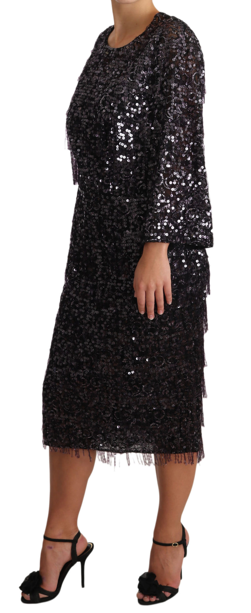 Robe midi trapèze à manches longues et paillettes noires de Dolce &amp; Gabbana