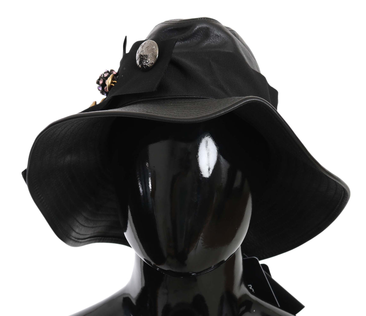 Chapeau à large bord en cuir noir Dolce &amp; Gabbana DG Coin Crystal