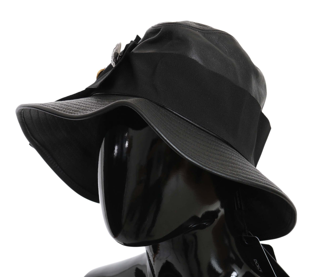 Chapeau à large bord en cuir noir Dolce &amp; Gabbana DG Coin Crystal
