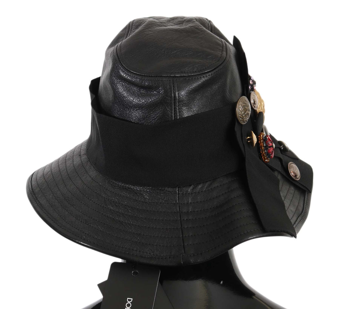 Chapeau à large bord en cuir noir Dolce &amp; Gabbana DG Coin Crystal