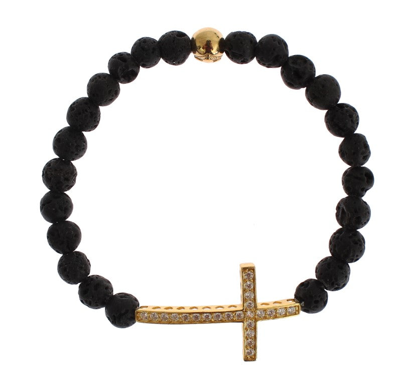 Bracelet Nialaya en argent 925 avec croix en pierre de lave et zircone cubique transparent