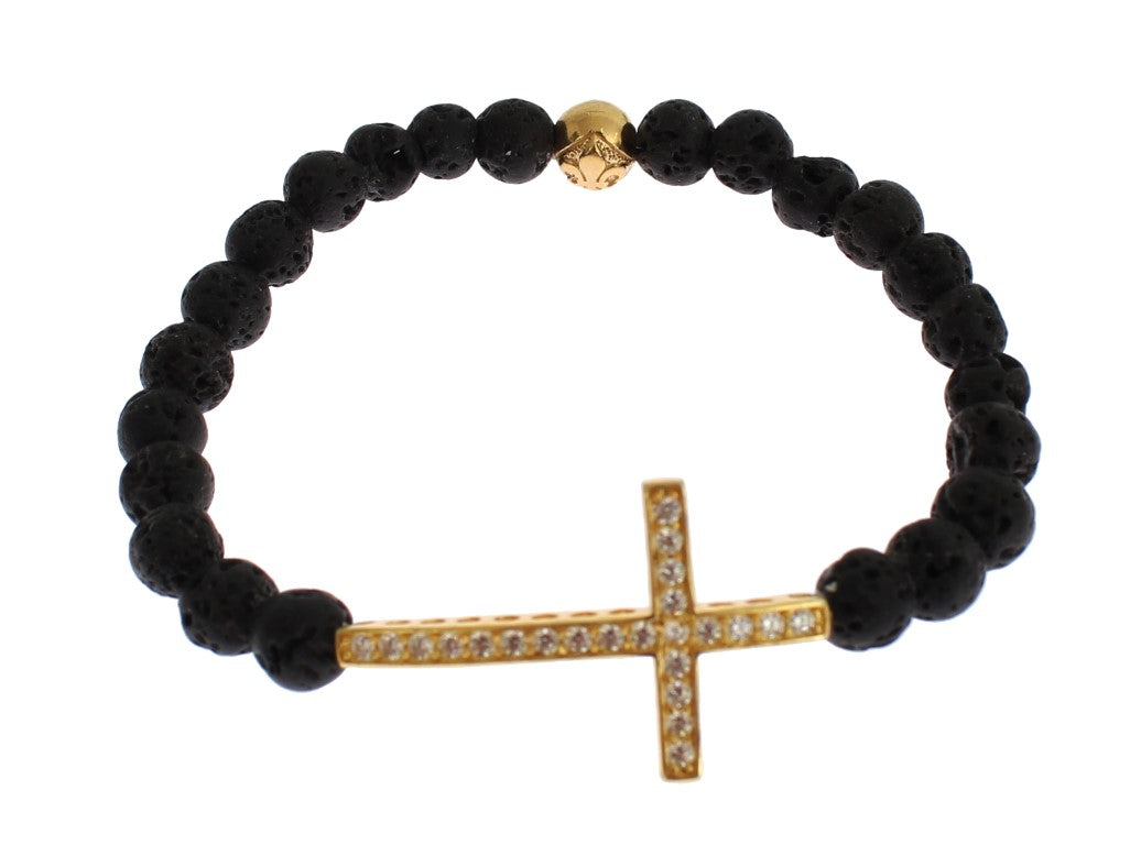 Bracelet Nialaya en argent 925 avec croix en pierre de lave et zircone cubique transparent