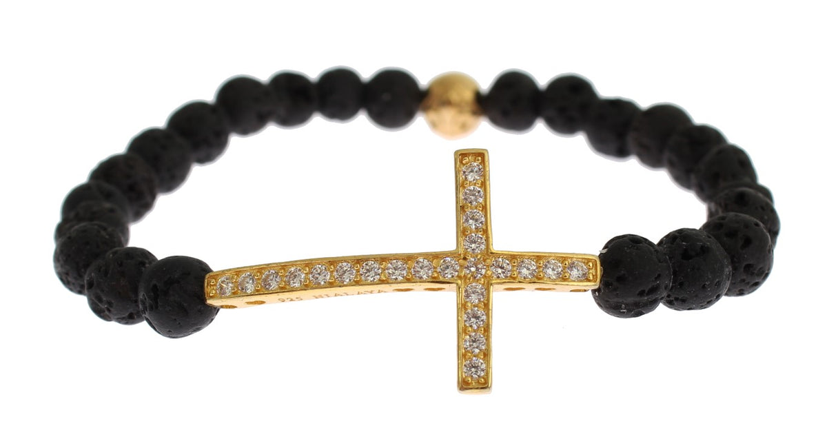 Bracelet Nialaya en argent 925 avec croix en pierre de lave et zircone cubique transparent