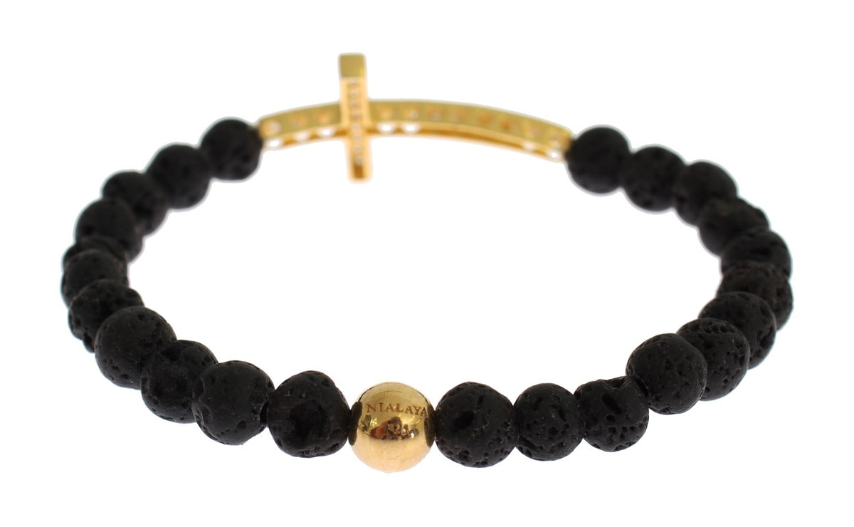 Bracelet Nialaya en argent 925 avec croix en pierre de lave et zircone cubique transparent