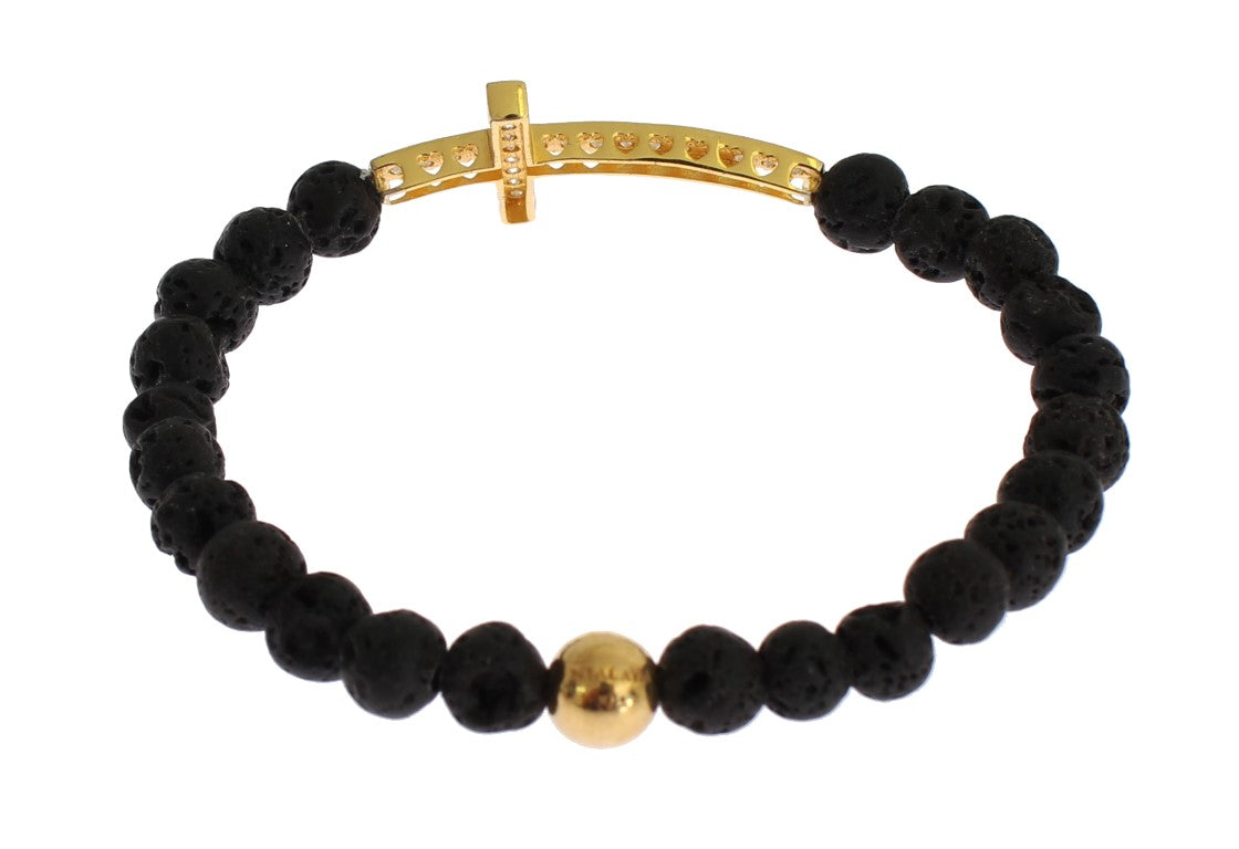 Bracelet Nialaya en argent 925 avec croix en pierre de lave et zircone cubique transparent