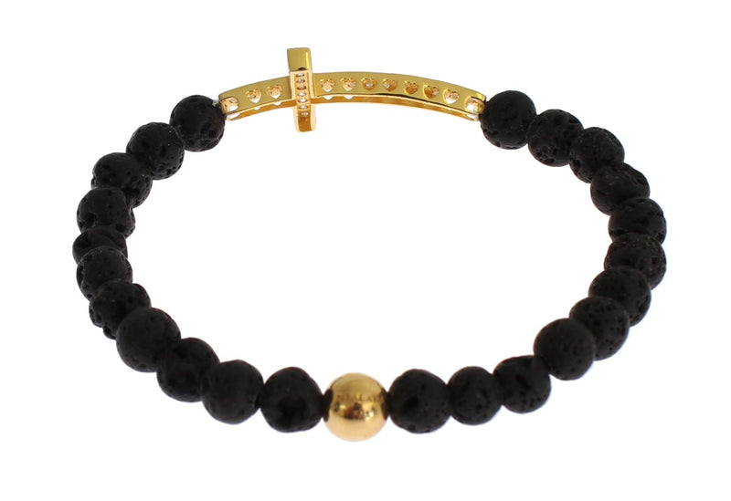 Bracelet Nialaya en argent 925 avec croix en pierre de lave et zircone cubique transparent