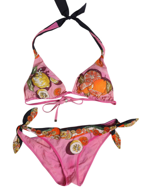 Maillot de bain deux pièces Dolce & Gabbana rose à imprimé, haut et bas.