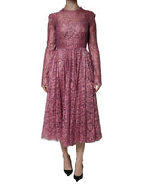 Robe Midi à Manches Longues en Dentelle Fleurie Rose Dolce & Gabbana
