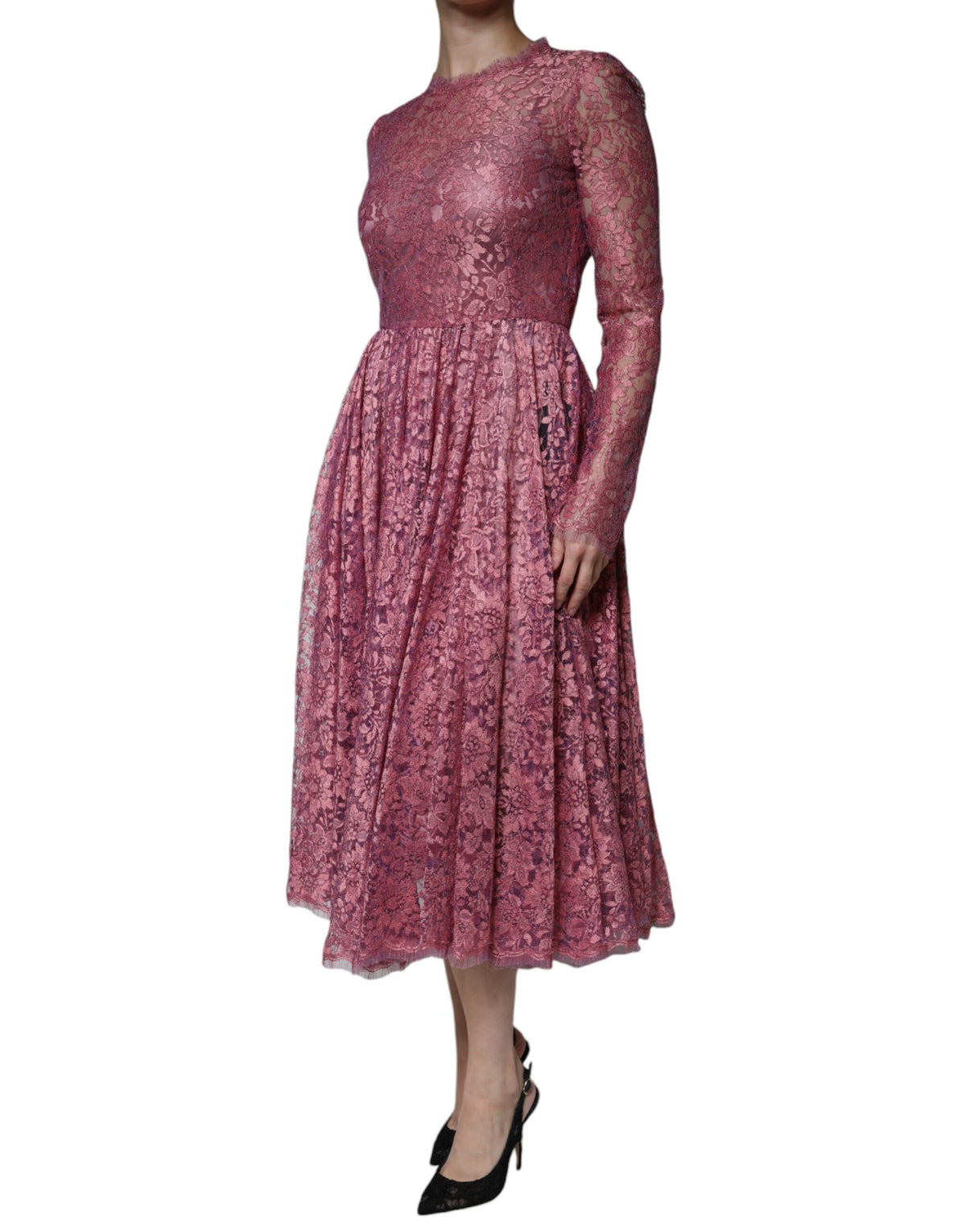 Robe Midi à Manches Longues en Dentelle Fleurie Rose Dolce & Gabbana