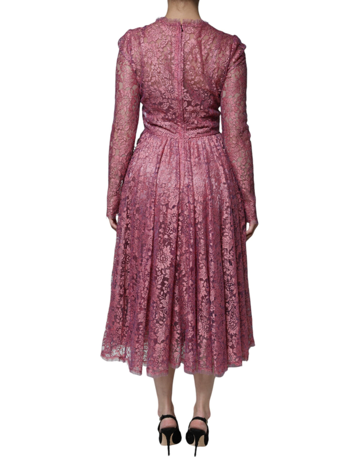 Robe Midi à Manches Longues en Dentelle Fleurie Rose Dolce & Gabbana