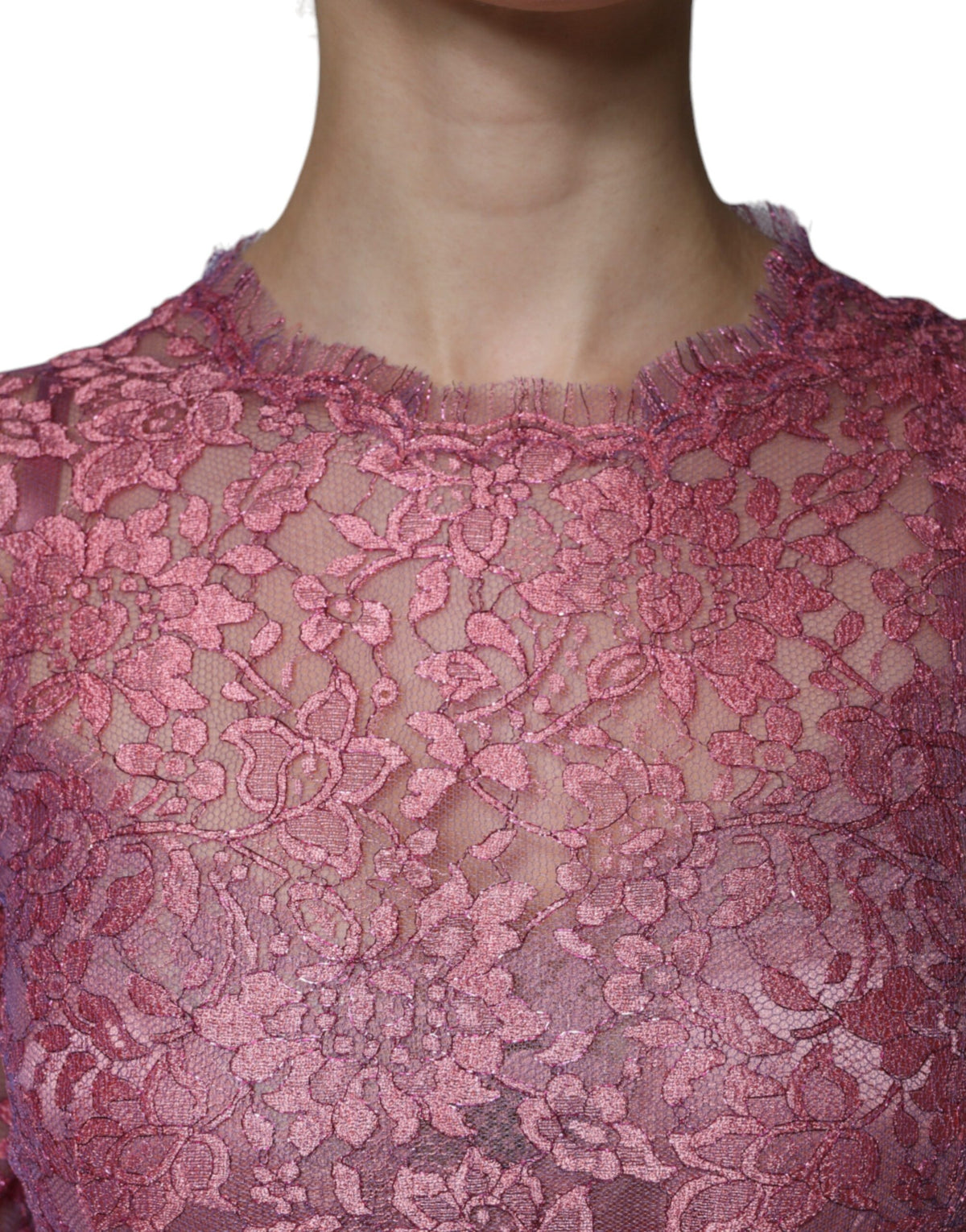Robe Midi à Manches Longues en Dentelle Fleurie Rose Dolce & Gabbana