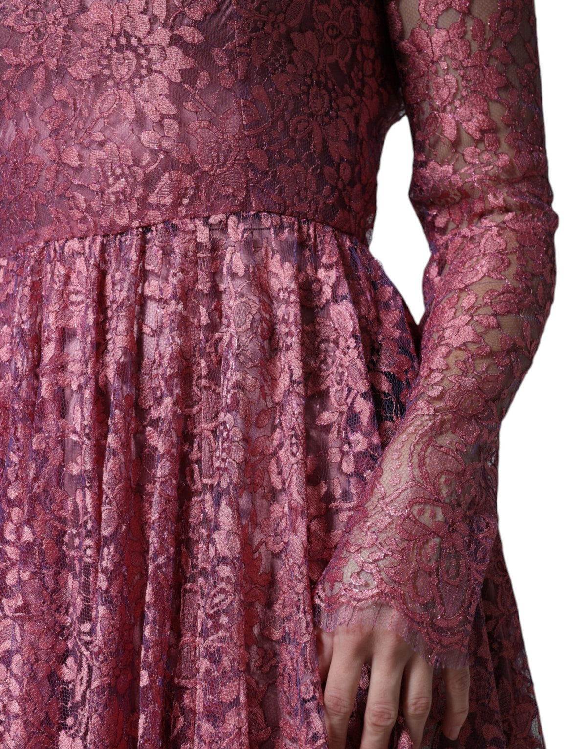 Robe Midi à Manches Longues en Dentelle Fleurie Rose Dolce & Gabbana