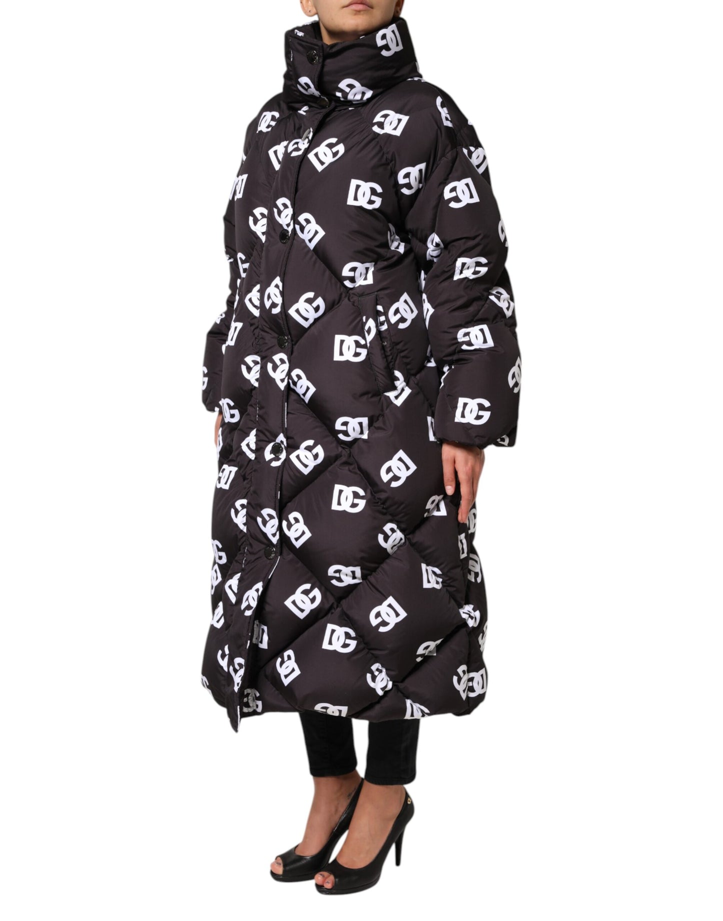 Dolce & Gabbana, manteau long matelassé noir DG Mania, veste à capuche.