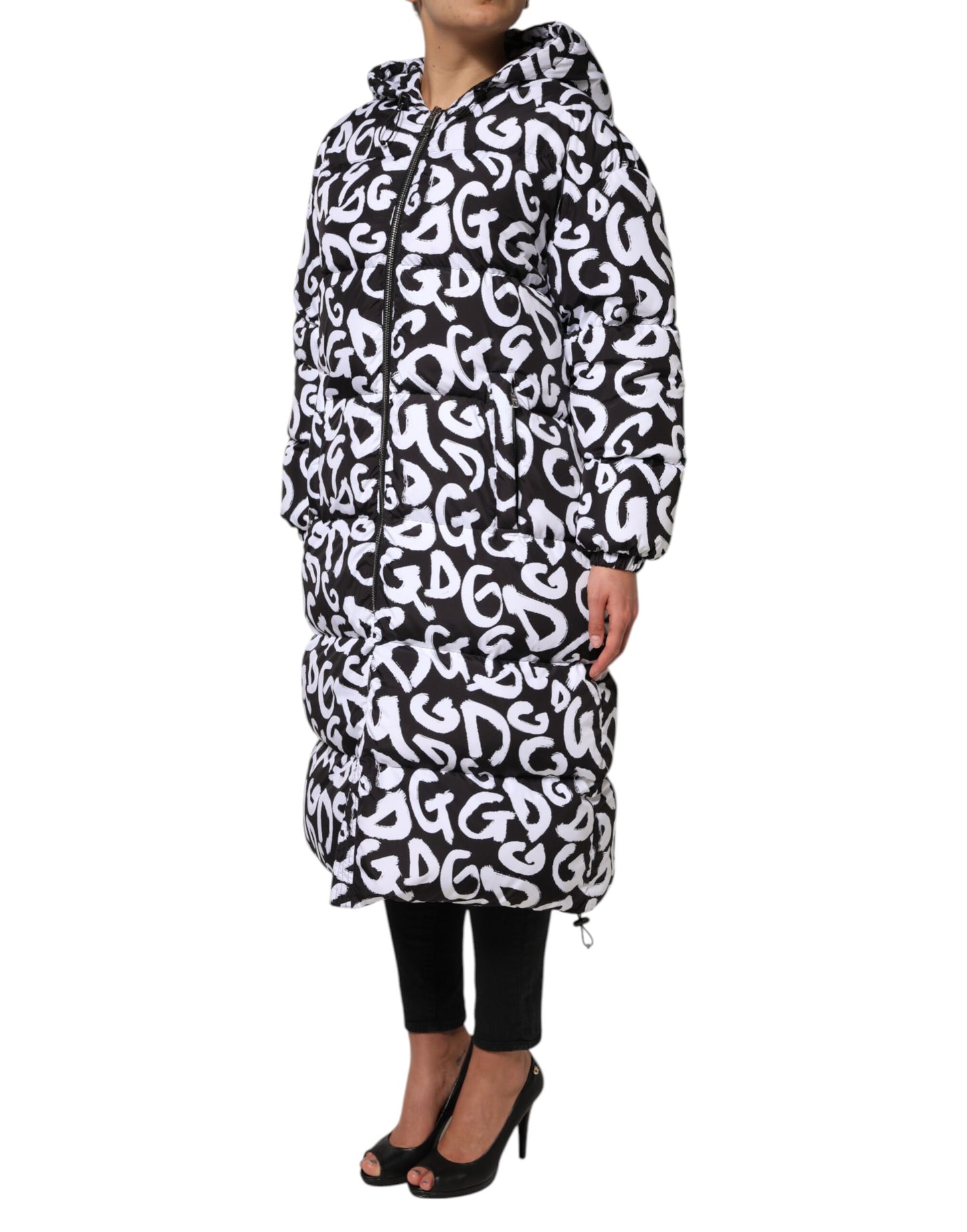 Dolce & Gabbana Black White DG Mania Hooded Long Coat Jacket