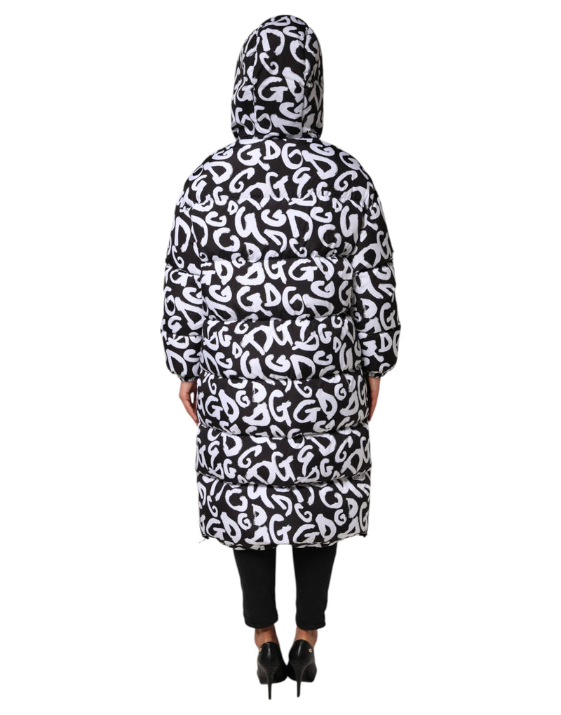 Dolce & Gabbana Black White DG Mania Hooded Long Coat Jacket