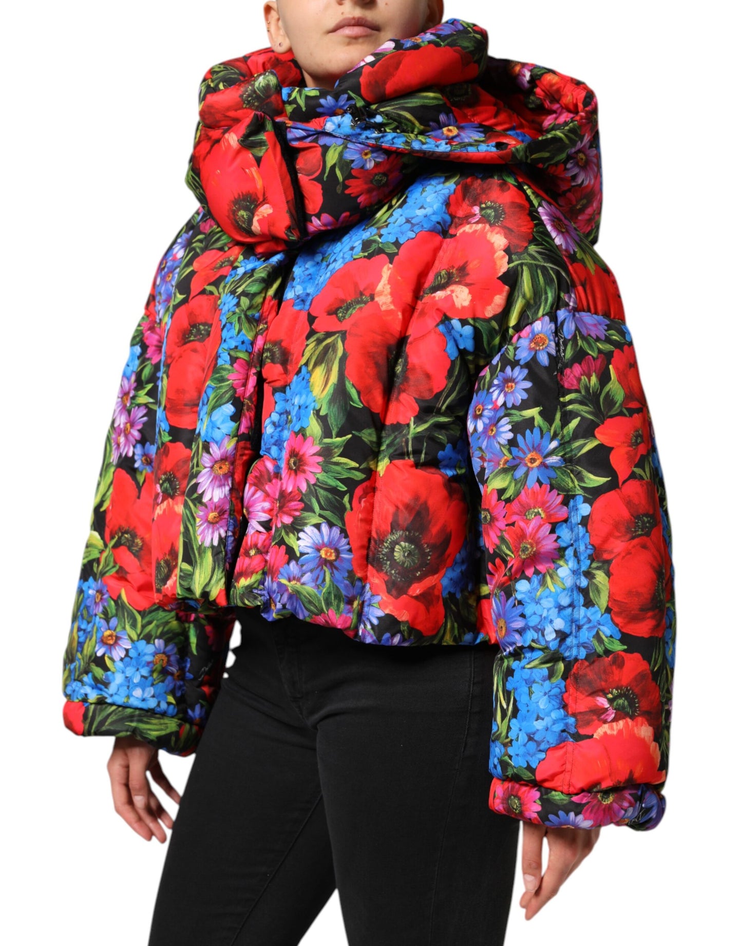 Dolce & Gabbana Multicolor Floral Hooded Puffer Coat Jacket