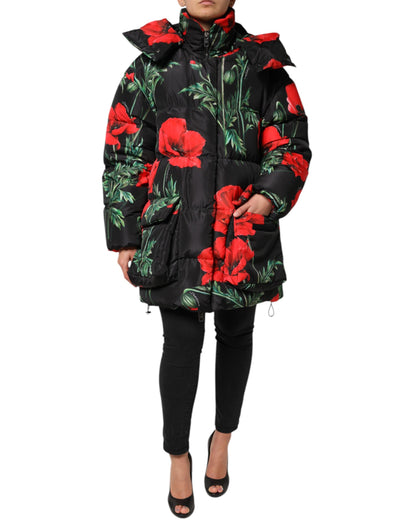 Veste courte matelassée à capuche en polyester noir à motifs floraux de Dolce & Gabbana