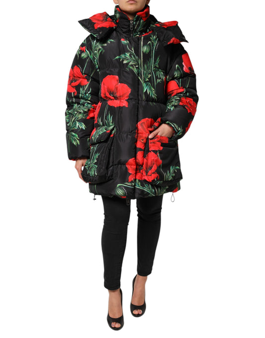 Dolce & Gabbana Zwarte Gekrezelde Jas van Polyester met Bloemenprint en Kap