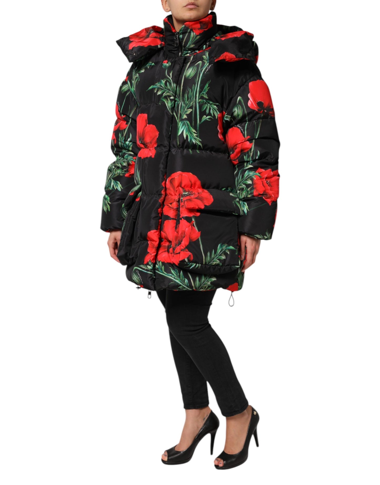 Veste courte matelassée à capuche en polyester noir à motifs floraux de Dolce & Gabbana