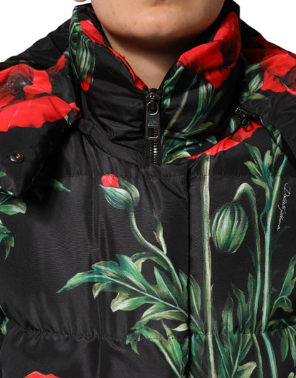 Veste courte matelassée à capuche en polyester noir à motifs floraux de Dolce & Gabbana