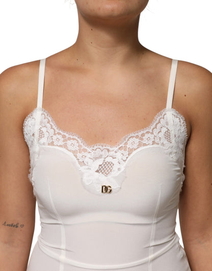 Vêtements de nuit Dolce & Gabbana : robe en soie blanche à dentelle dorée avec logo DG.