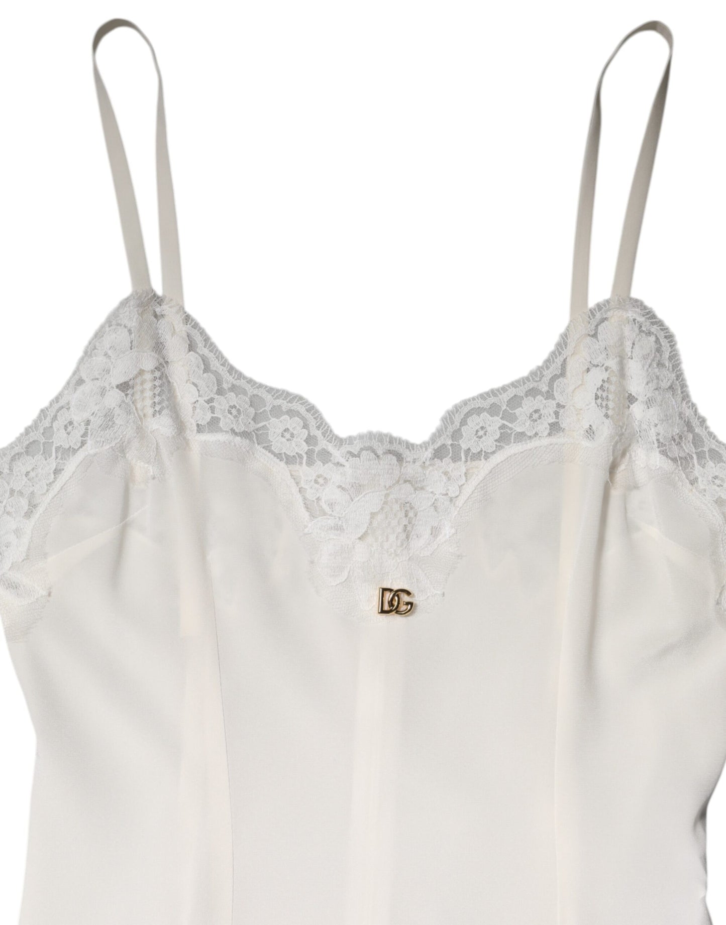 Vêtements de nuit Dolce & Gabbana : robe en soie blanche à dentelle dorée avec logo DG.