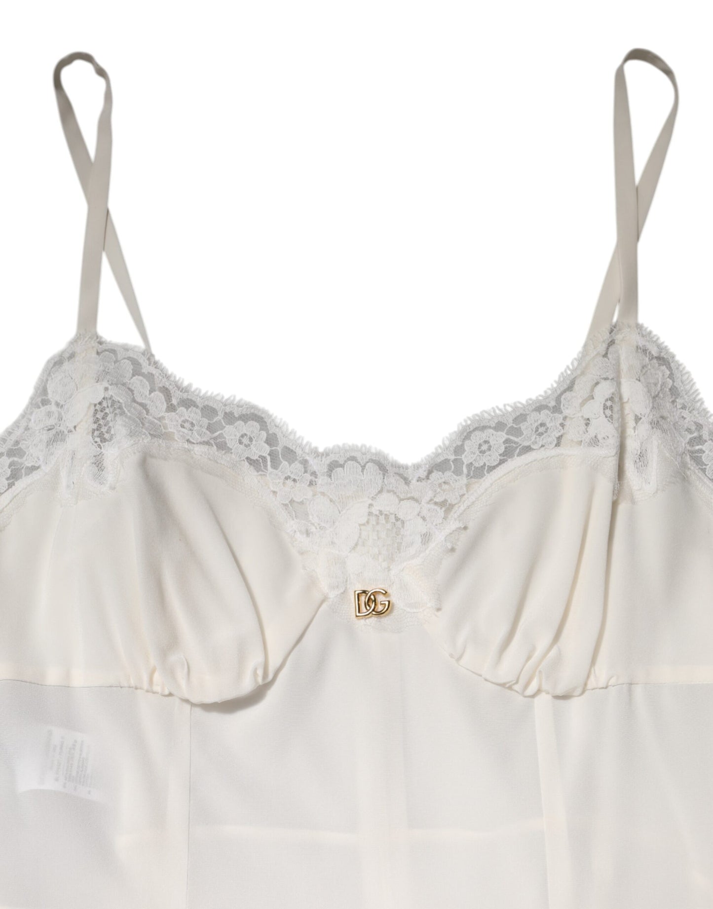 Vêtements de nuit Dolce & Gabbana : robe en soie blanche à dentelle dorée avec logo DG.