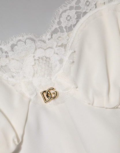Vêtements de nuit Dolce & Gabbana : robe en soie blanche à dentelle dorée avec logo DG.